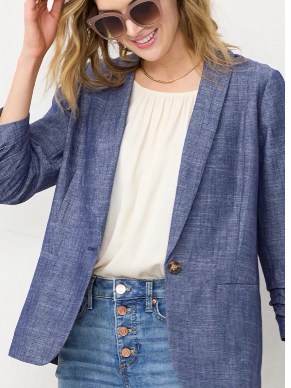 Blue Chambray linen-blend Blazer Single Front Button Lauren Conrad XL Layering